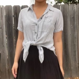 Theory Light Grey Linen Tie-Front Top